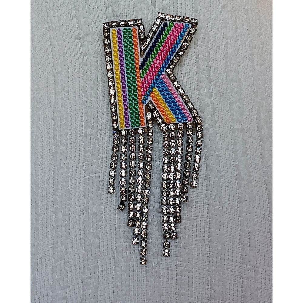 Rainbow-Striped Embroidered Letter K Brooch sparkling rhinestone waterfall 4"